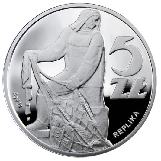 5 zł / 1958 r. -  Rybak, srebrna replika monety